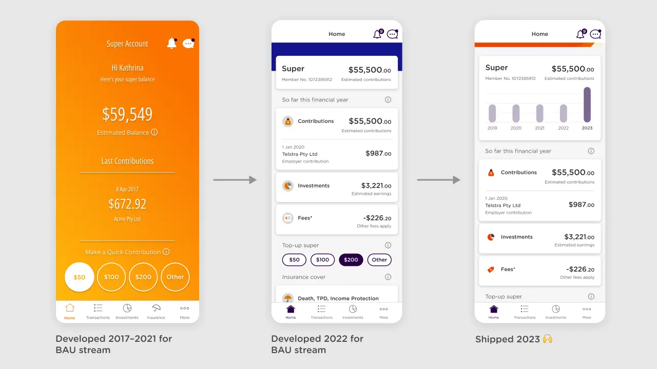 Australiansuper app through the years, from 2017 to 2023.